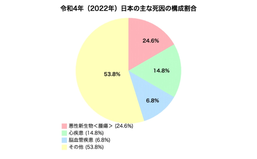 令和4年(2022年)日本の主な死因の構成割合を示す円グラフ。悪性新生物(腫瘍)が24.6%、心疾患が14.8%、脳血管疾患が6.8%、その他が53.8%を占めている。