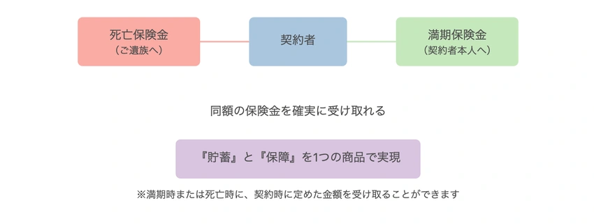 保険商品の基本構造：契約者を中心とした死亡保険金と満期保険金の受取関係を示す図