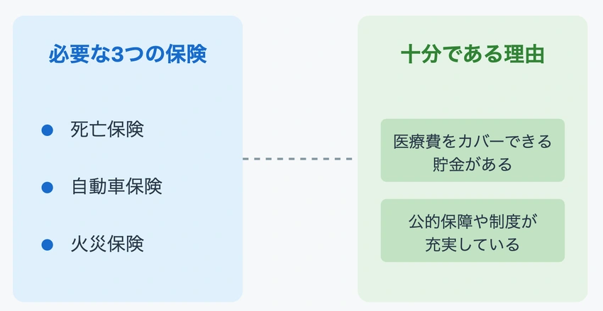 必要な3つの保険(死亡・自動車・火災)と、医療費カバー可能な貯金と充実した公的保障制度により十分である理由を示す2列構成の図表